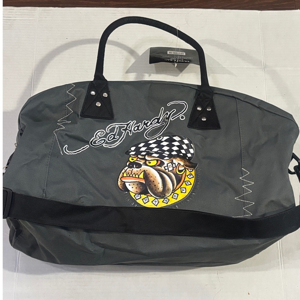 Ed Hardy Bulldog Duffle Bag Gray Tattoo Graphic Travel Gym Bag New Old Stock